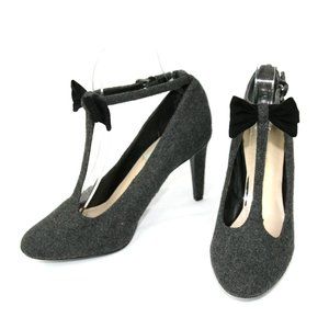 Nine West Sz 6 T-Strap Gray Flannel Heels Pumps w Black Bow Tie Vintage Style